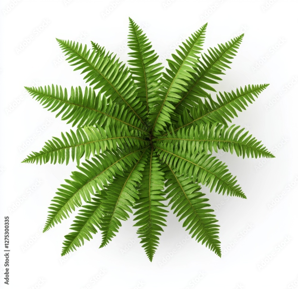 Lush fern plant, overhead view, white background, gardening Lush fern plant, overhead view, white background, gardening