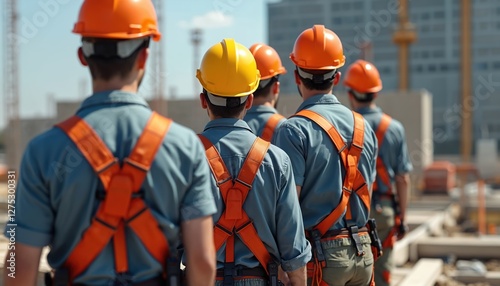 A group of construction workers wearing safety harnesses and helmets stand on construction site. Men at work are wearing safety gear. Fall protection ensures safety at work. photo
