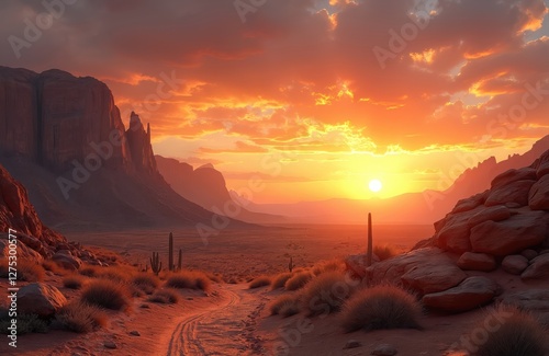 Serene desert landscape with mountains at sunset. Nature scene with sun, orange sky. Cactus plants, sand dunes, rocks. Road leads to horizon. Wild west scenery.