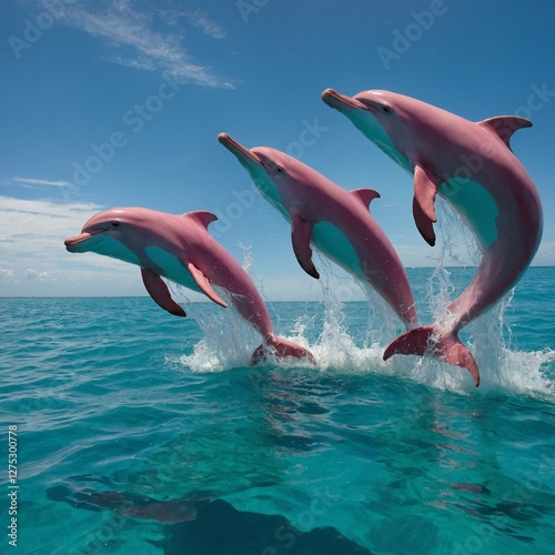 A group of pink dolphins leaping out of a glass-like turquoise ocean.
