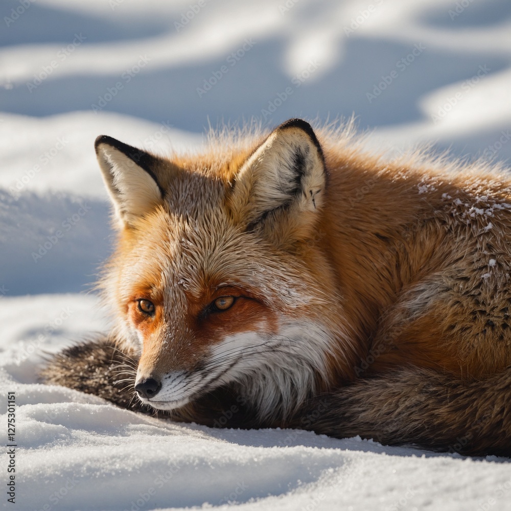 Fototapeta premium A fluffy red fox curled up on pure white snow, its fur glowing in the soft sunlight.
