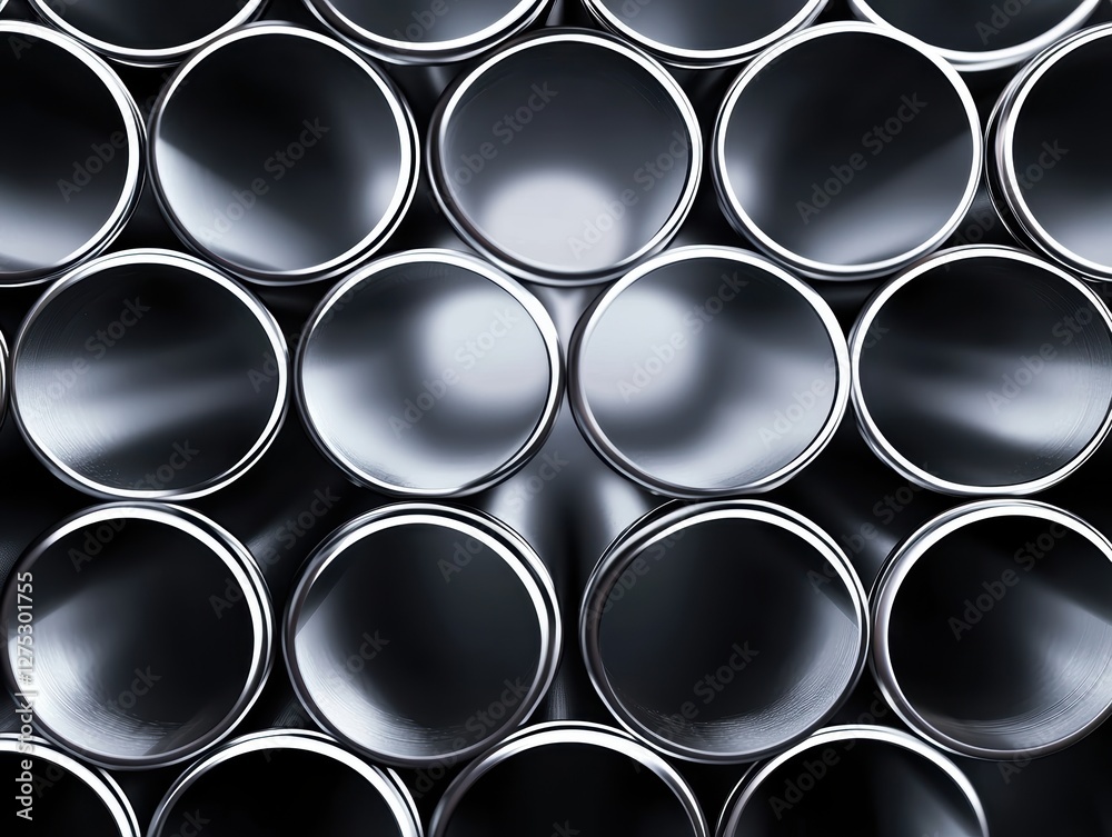 Shiny stainless steel pipes, neatly stacked on a black platform, industrial construction material, 3D illustration Shiny stainless steel pipes, neatly stacked on a black platform, industrial construction material, 3D illustration