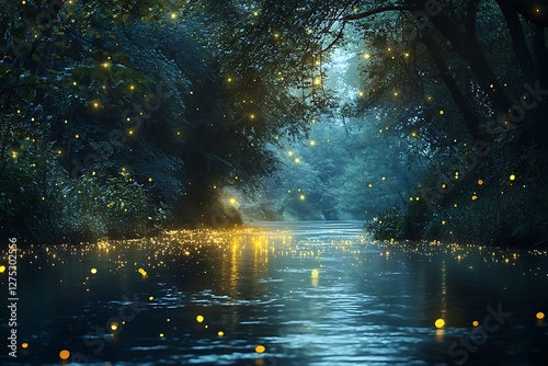 A tranquil river glowing under the soft light fireflies in a summer forest