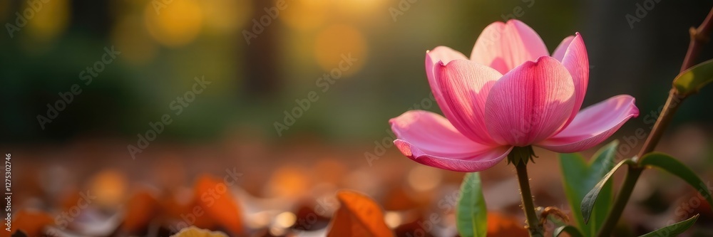 Delicate pink petals unfolding on a stem amidst fallen leaves, autumn colors, garden scenes, floral arrangement Delicate pink petals unfolding on a stem amidst fallen leaves, autumn colors, garden scenes, floral arrangement