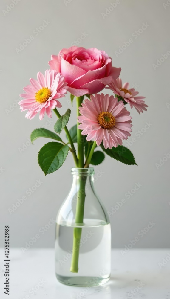 Delicate asters surround a single stem of gerbera rose in a simple glass vase, vases, Delicate asters surround a single stem of gerbera rose in a simple glass vase, vases,