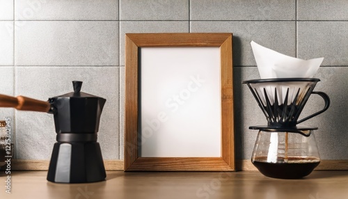 Stylish Kitchen Scene with Home Barista Equipment Vibrant CoffeeFilled Mockup Evoking a Cozy, Productive Aura in the Heart of Modern Domesticity photo