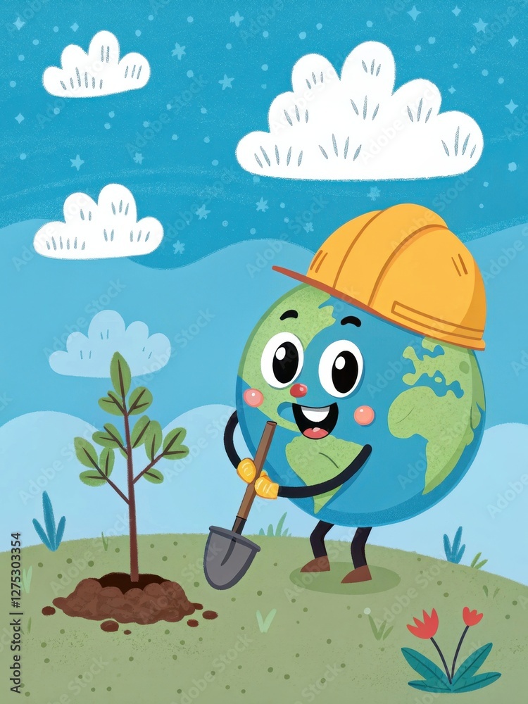 Fototapeta premium Cartoon Earth Character Plants Sapling with Shovel Against Blue Sky