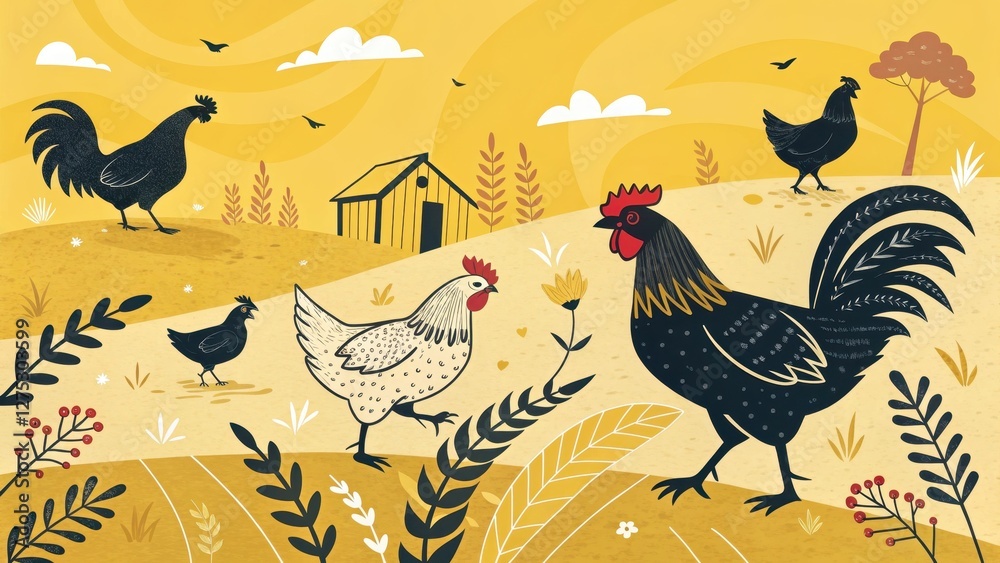 Fototapeta premium Chickens and Roosters Gather in a Colorful Pastoral Setting
