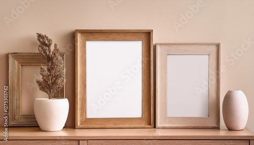 Neutral Tones and Wooden Frames Minimalist Artwork Set against a Warm Beige Background, Evoking Calmness and Elegance for Contemporary Home Decor