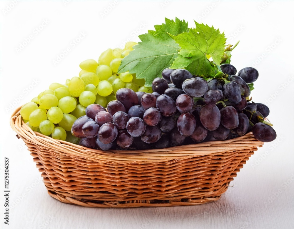 A basket of fresh grapes in white background and in the kitchen A basket of fresh grapes in white background and in the kitchen
