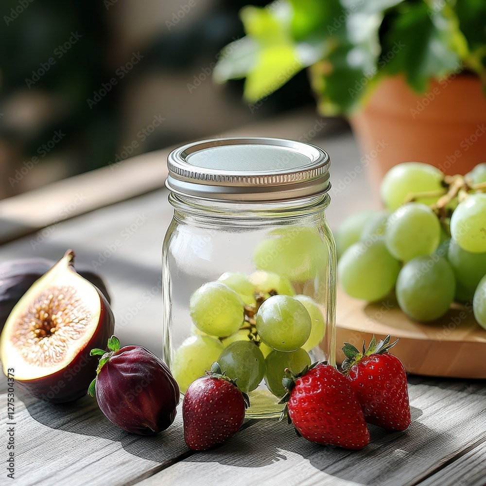 Fruit Medley Still Life with Grapes Strawberries and Figs in a Mason Jar on Wooden Table Fruit Medley Still Life with Grapes Strawberries and Figs in a Mason Jar on Wooden Table