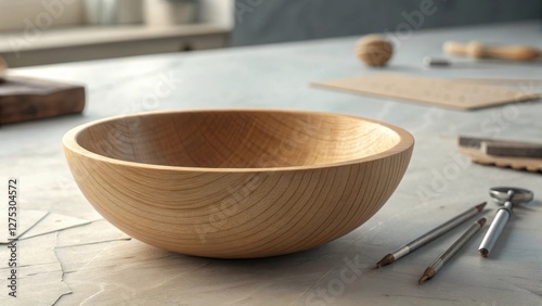 Craftsman Workspace Featuring Wooden Bowl and Tools photo