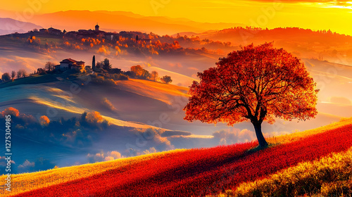 Autumn sunrise over Tuscan hills, single tree foreground, village background; scenic wallpaper