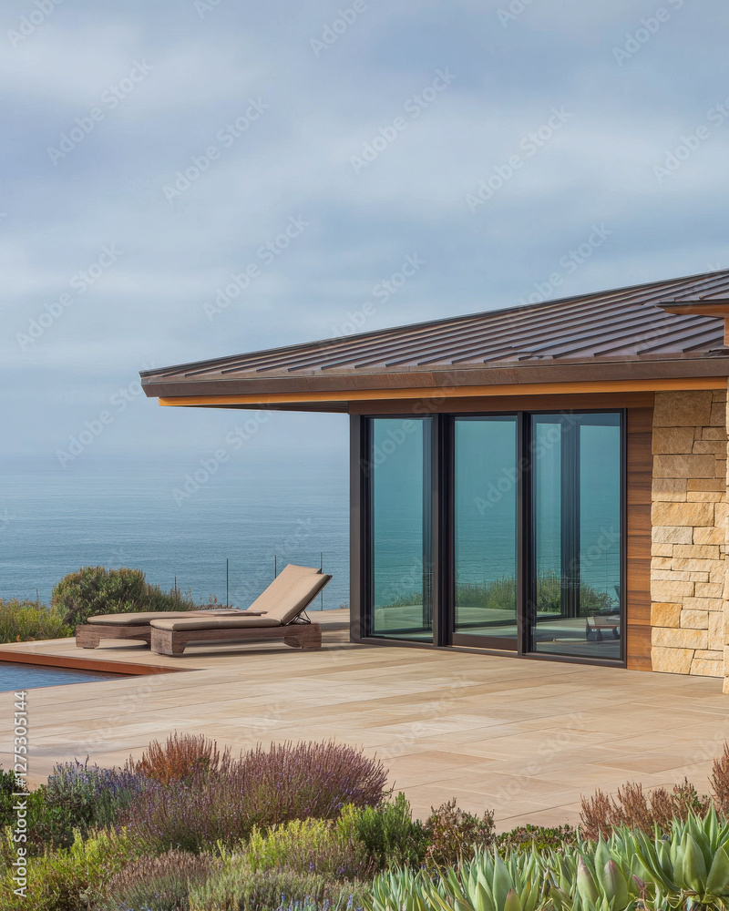 Modern coastal residence with stunning ocean views during daytime Modern coastal residence with stunning ocean views during daytime