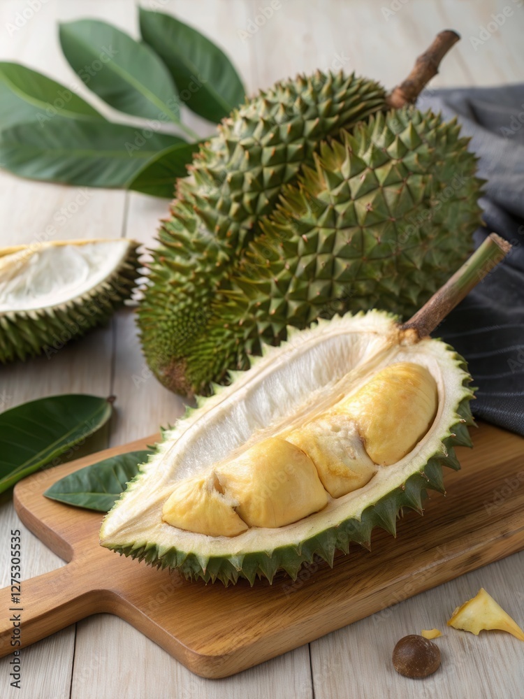Fototapeta premium Durian Fruit Display on Wooden Cutting Board with Creamy Flesh Revealed
