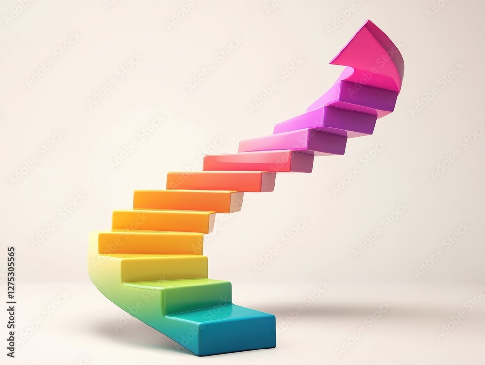 Multicolor business growth, vibrant gradient arrow spiraling upwards, symbolizing financial success, futuristic economy, 3D illustration Multicolor business growth, vibrant gradient arrow spiraling upwards, symbolizing financial success, futuristic economy, 3D illustration