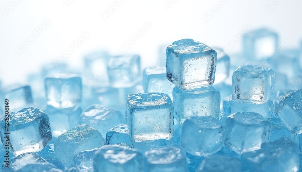 Crystal clear ice cubes pile in a top view close-up. Cold glace refreshment background with water drops, frost, cool light blue colors. Frozen textured ice block pattern. Crystal clear ice cubes pile in a top view close-up. Cold glace refreshment background with water drops, frost, cool light blue colors. Frozen textured ice block pattern.