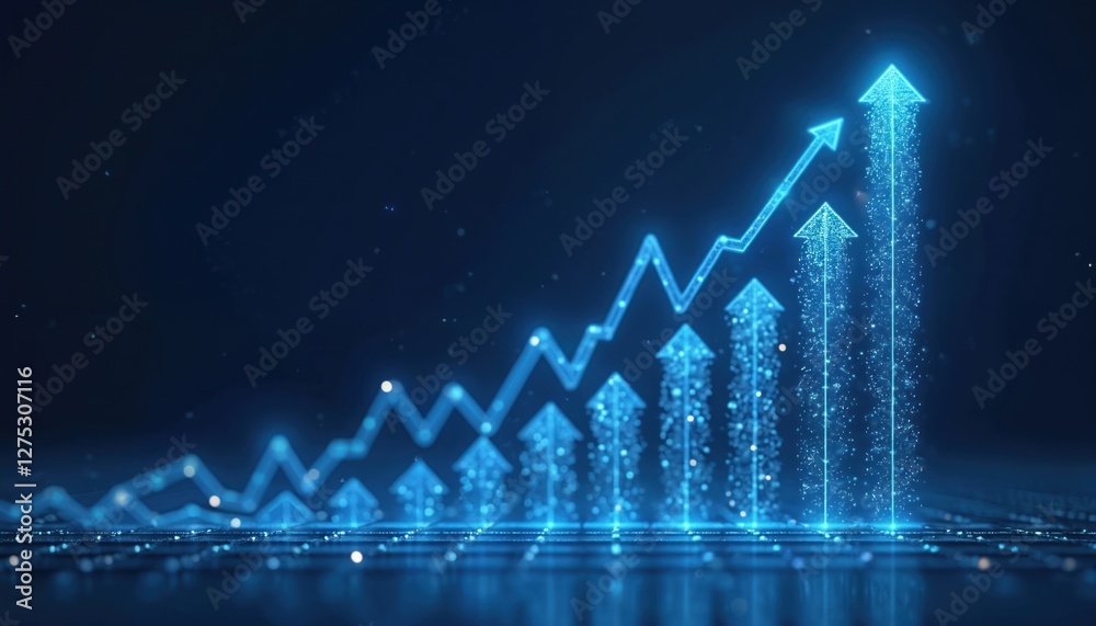 Naklejka premium Illustration featuring glowing arrows pointing upwards on blue background, progress in business, financial development, personal achievement, data visuali. Modern design for corporate presentation.