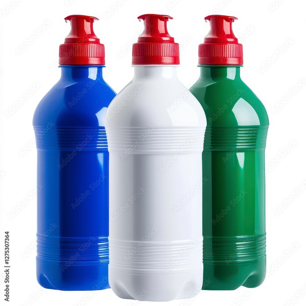 Three Colorful Water Bottles with Red Lids on a White Background Three Colorful Water Bottles with Red Lids on a White Background