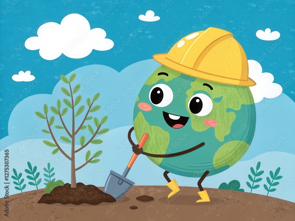 Obraz premium Happy Earth Character Plants Sapling with Shovel in Bright Environment
