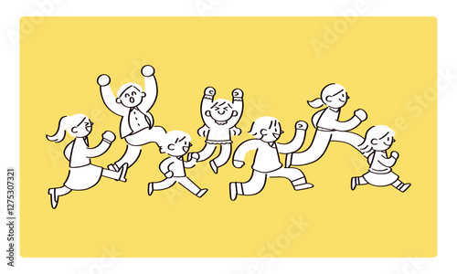 同じ方向に走る人たちのイラスト