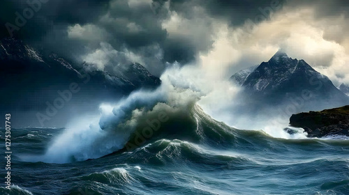 Dramatic ocean wave crashing against rocky coast, mountains background, storm