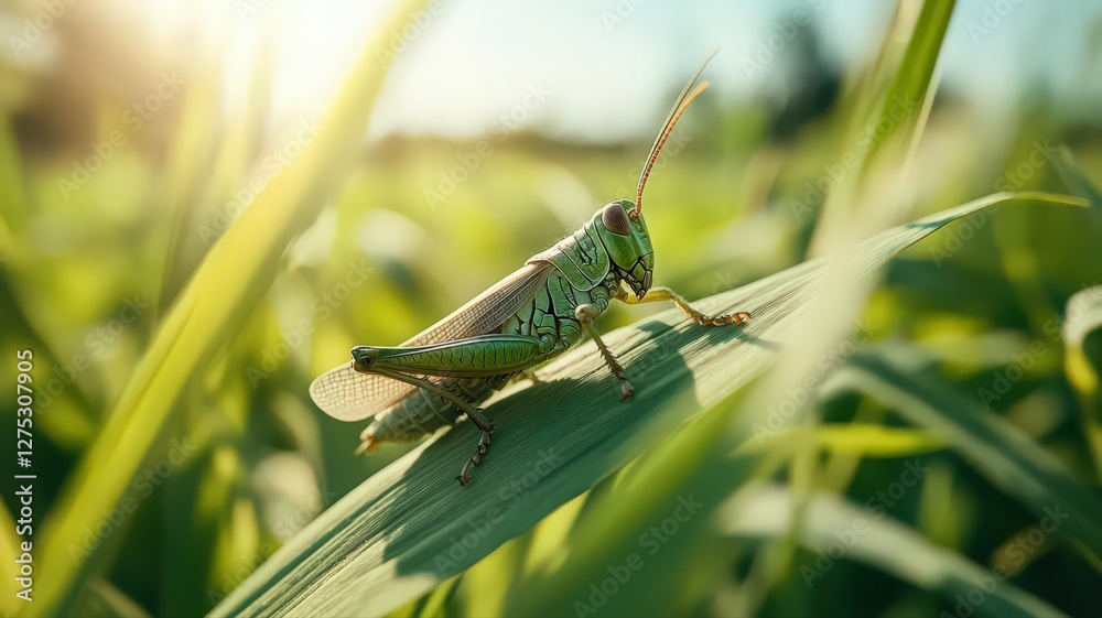 Vibrant Green Grasshopper on Grass Blade in Sunlit Field Vibrant Green Grasshopper on Grass Blade in Sunlit Field