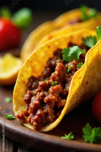 Crispy taco shells filled with spicy seasoned beef, shells, crispy, meaty