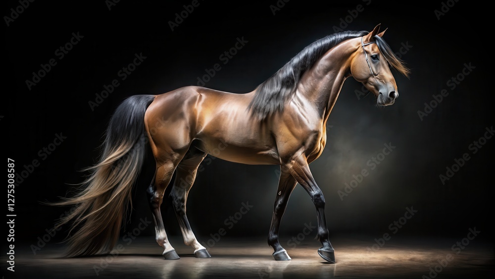 Fototapeta premium Majestic Chestnut Horse with Flowing Mane and Tail, Gracefully Posing Against a Dark Background