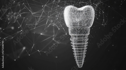 Fototapeta Naklejka Na Ścianę i Meble -  Futuristic abstract symbol of a tooth and dental implant Wireframe dental clinic concept in lowpoly 3D geometric style Vector background illustration