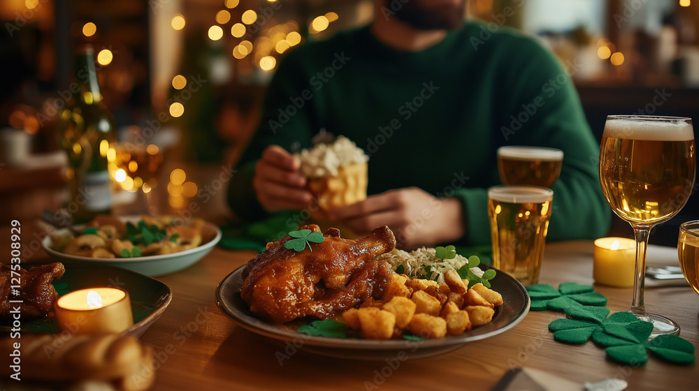 St. Patrick's Day meal with Irish food, drinks, and shamrock decorations on the table. AI Generated Images St. Patrick's Day meal with Irish food, drinks, and shamrock decorations on the table. AI Generated Images