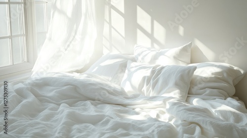 Wallpaper Mural Sunlit bedroom, unmade bed, white linens, window light, peaceful morning Torontodigital.ca
