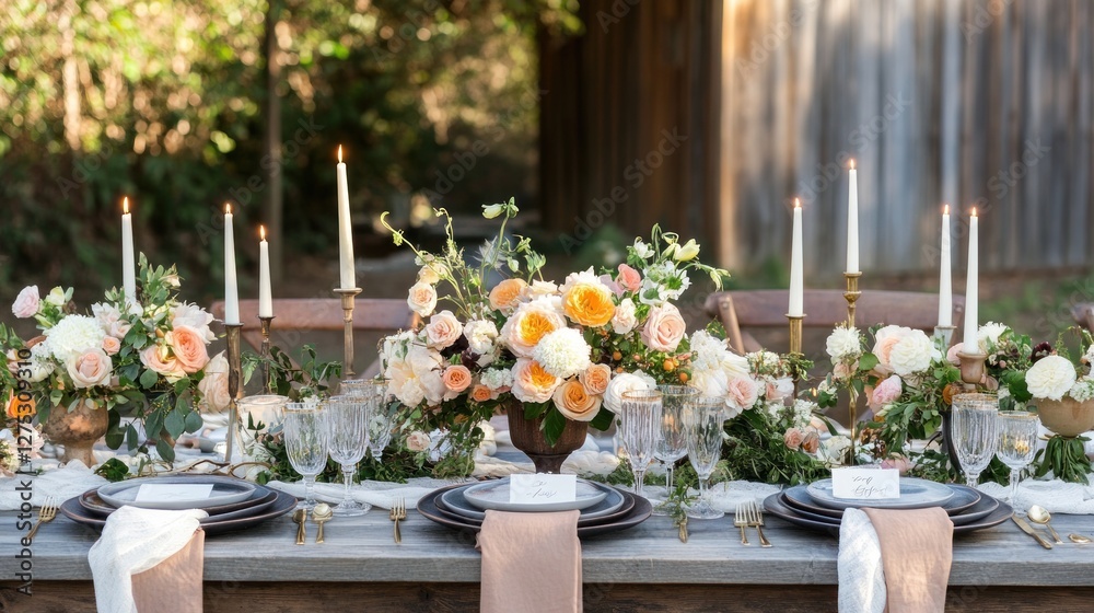 Fototapeta premium Rustic Elegance: A Romantic Outdoor Wedding Table Setting