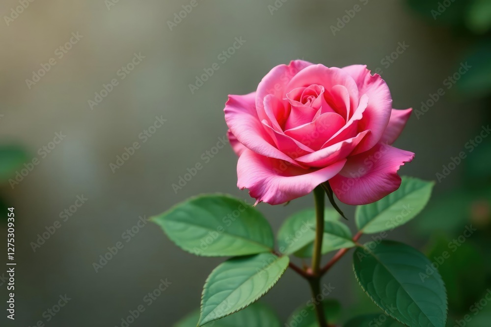 A single pink rose bloom with glossy green leaves and stems, botanical, flora, gardening A single pink rose bloom with glossy green leaves and stems, botanical, flora, gardening