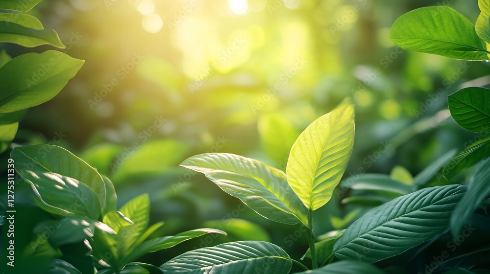 Fototapeta premium Close-up of Green Leaves with Soft Sunlight Filtering Through Foliage