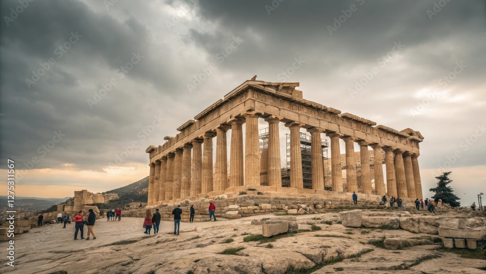 Fototapeta premium Parthenon Temple Attracts Tourists Under Dramatic Sky