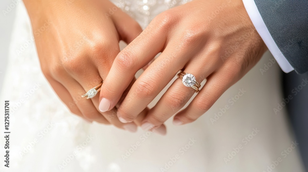 Close-up of intertwined hands wearing wedding rings, soft romantic background Close-up of intertwined hands wearing wedding rings, soft romantic background