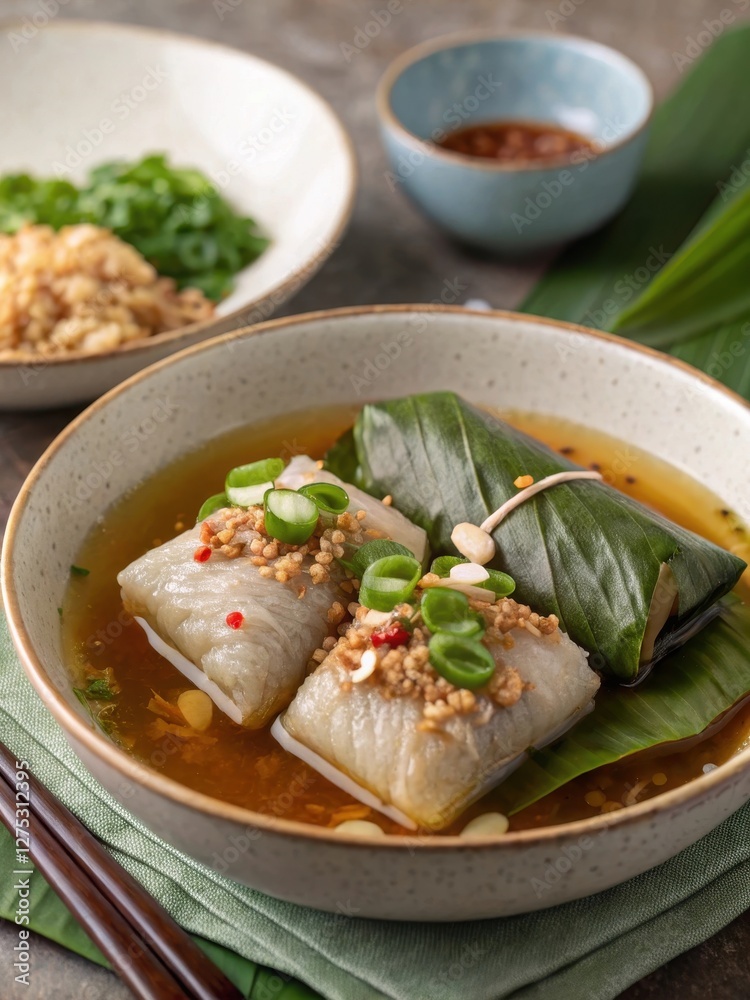 Shallow Bowl with Wrapped Parcels in Brown Broth and Sauces Shallow Bowl with Wrapped Parcels in Brown Broth and Sauces