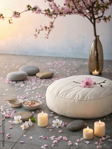 Serene Meditation Space with Blossoms and Candles photo