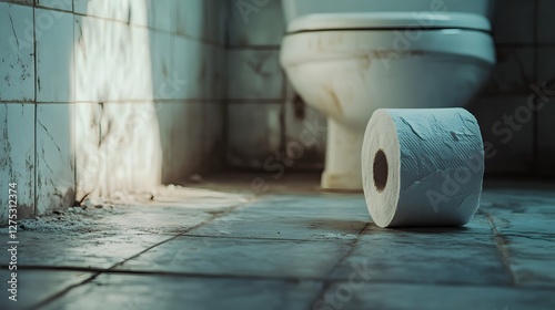 abandoned toilet roll in dirty bathroom