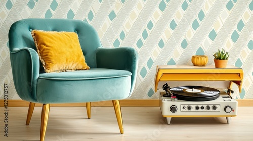 A cozy retro living room with a velvet armchair, patterned wallpaper, and an old record player