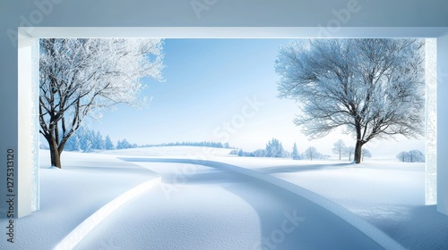 View of a snow-covered landscape through a frosted windowpane, winter serenity