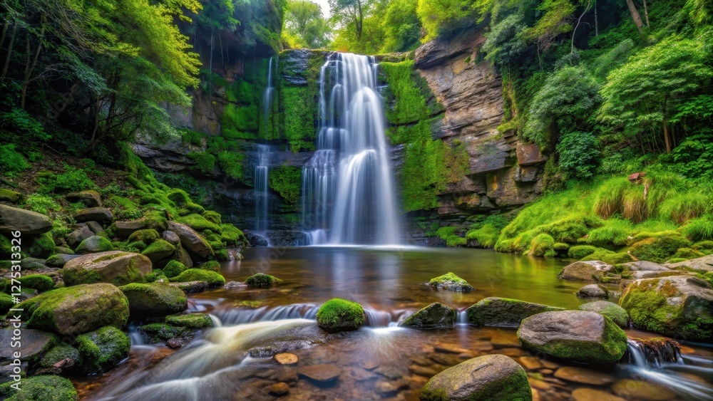 Obraz premium Serene Waterfall Cascading Through Lush Green Foliage, Rocks Covered in Moss, and Tranquil Pool