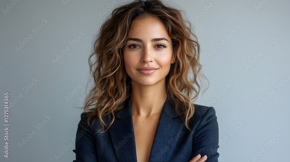 Obraz premium Confident Professional Woman Smiling in Business Attire Against Plain Background