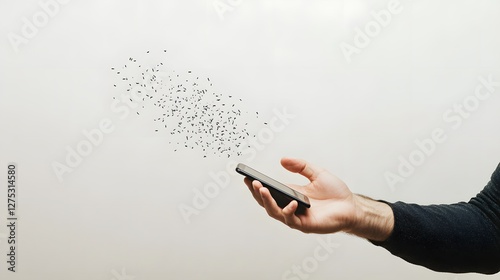 man holding smartphone with data disappearing