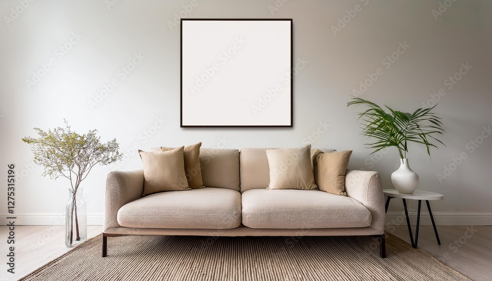 Elegant Beige Living Space Illuminated by a Square Frame Poster, Boasting a Cozy Sofa and Pillows in a Chic Interior Design, Radiating Warmth and Comfort Elegant Beige Living Space Illuminated by a Square Frame Poster, Boasting a Cozy Sofa and Pillows in a Chic Interior Design, Radiating Warmth and Comfort