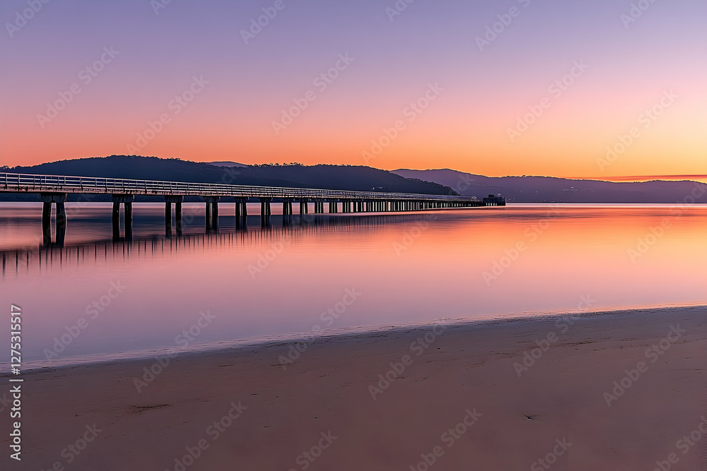 Serene sunset over calm bay, long pier, tranquil beach Serene sunset over calm bay, long pier, tranquil beach