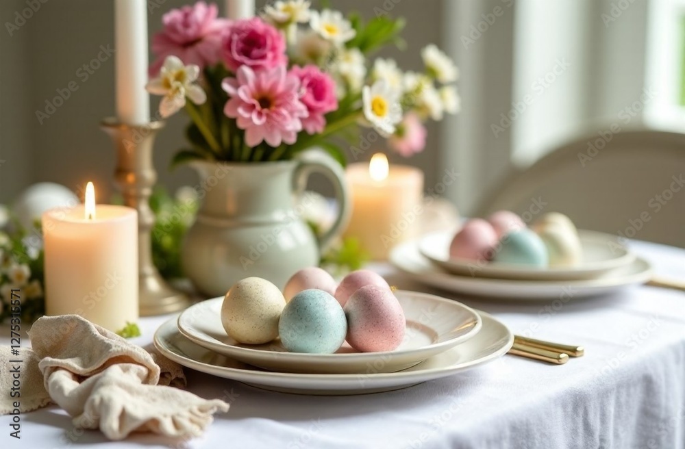 Elegant Easter table setting with colorful eggs, fresh flowers, and candles creating a festive atmosphere in the afternoon light Elegant Easter table setting with colorful eggs, fresh flowers, and candles creating a festive atmosphere in the afternoon light