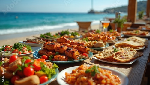 Fototapeta Naklejka Na Ścianę i Meble -  Table full of middle eastern food, mezze. Traditional turkish cuisine on table near sea beach. Vacation at luxury hotel concept. Summer holiday buffet.