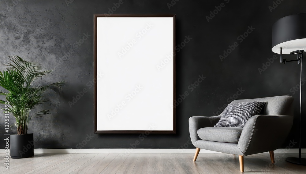 Vertical Frame Mockup on Dark Concrete Wall in Modern Living Room Interior with Armchair A Minimalist Statement Piece for Digital Art, Home Decor, or Design Inspiration Vertical Frame Mockup on Dark Concrete Wall in Modern Living Room Interior with Armchair A Minimalist Statement Piece for Digital Art, Home Decor, or Design Inspiration